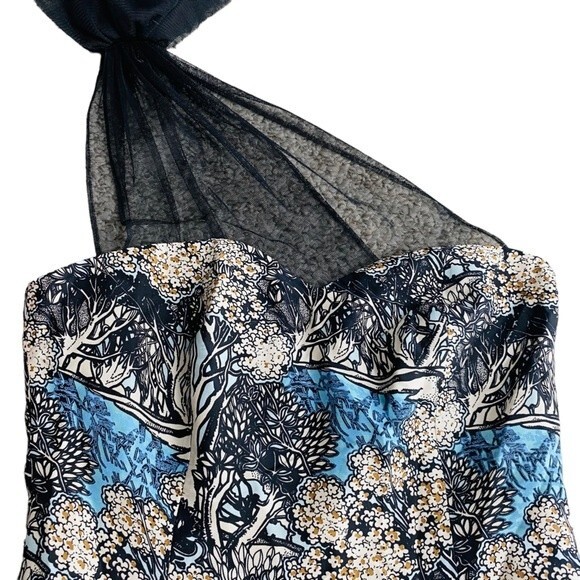 Plenty by Tracy Reese Size 2 Into the Woods Silk Dress Blue Black One Shoulder - Picture 5 of 9